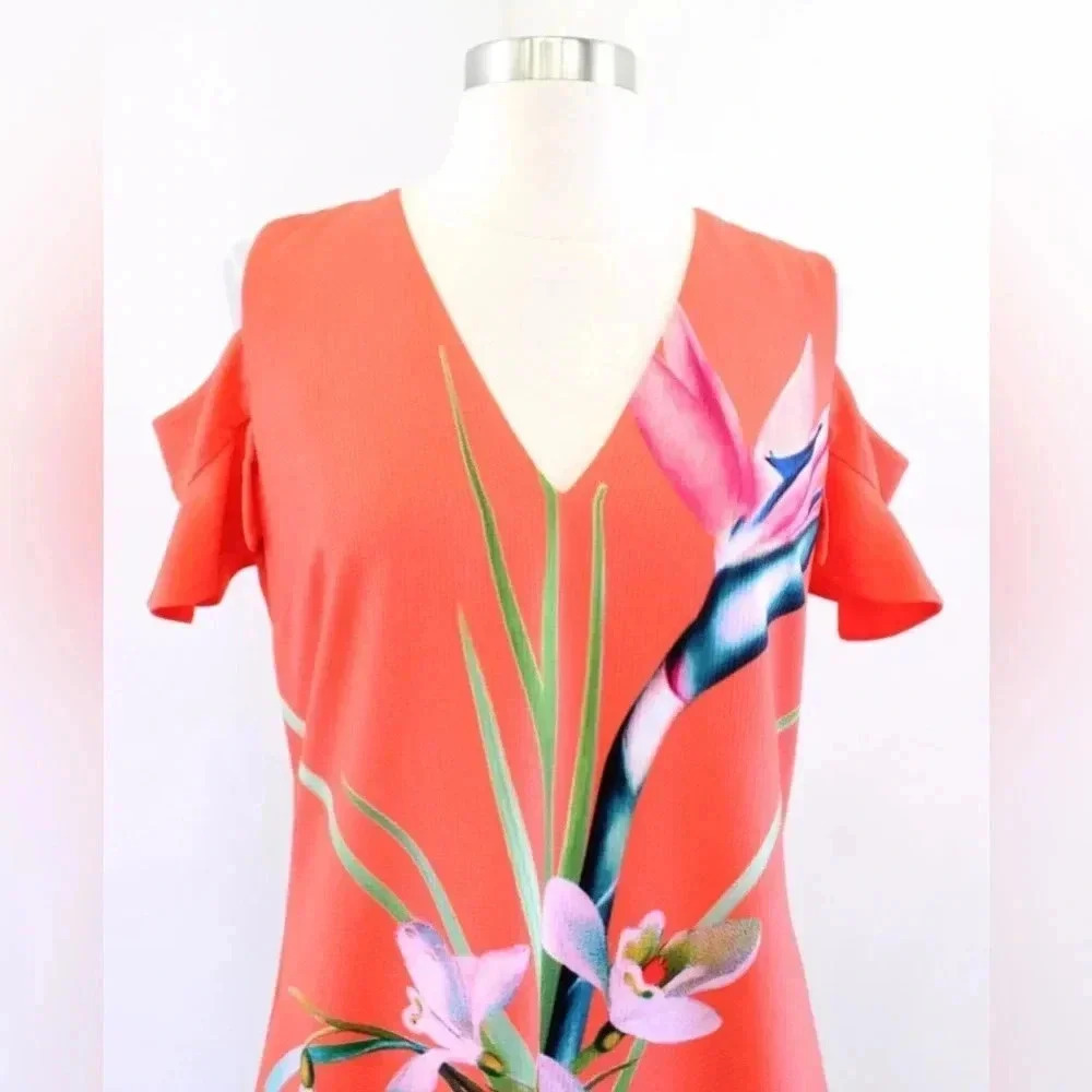 Ted Baker Leea Orange Colorful Floral Print Cold Shoulder Dress Size 4,  012 - Picture 6 of 10